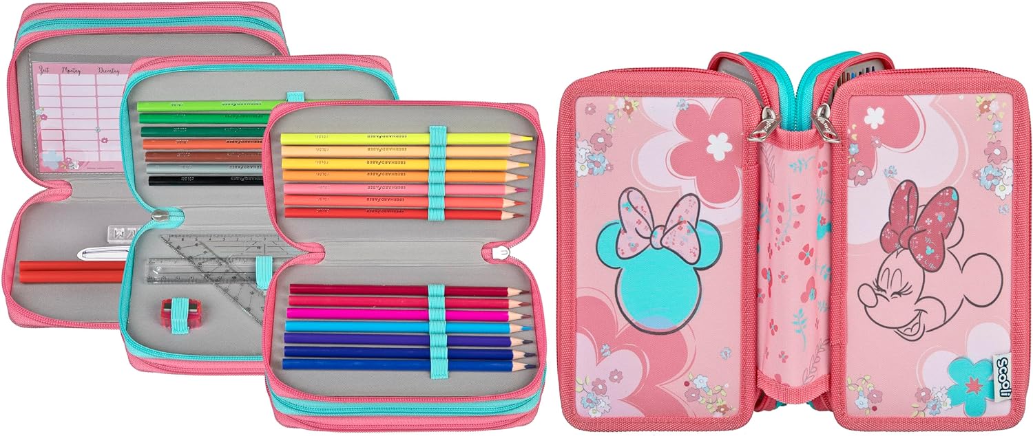 Scooli - Tripledecker Schüleretui Minnie Mouse - Großes Schüleretui mit hochwertigen Stiften - praktisch und funktional - für die Schule und unterwegs - hochwertige Qualität - ab 6 Jahren