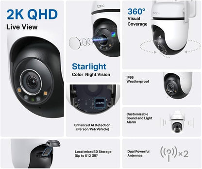 TP-Link Tapo C520WS - Buiten Wi-Fi-bewakingscamera 360°, 2.5K resolutie, nachtzicht in sterlichtkleur, meervoudige AI-detectie, bewegingsdetectie, IP66