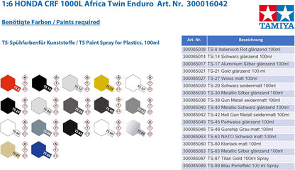 Tamiya 1:6 Honda CRF 1000L Africa Twin Enduro-modelkit, plástico, Kit para Montar, réplica Detallada, sin Pintar, Color Multi-colord (16042