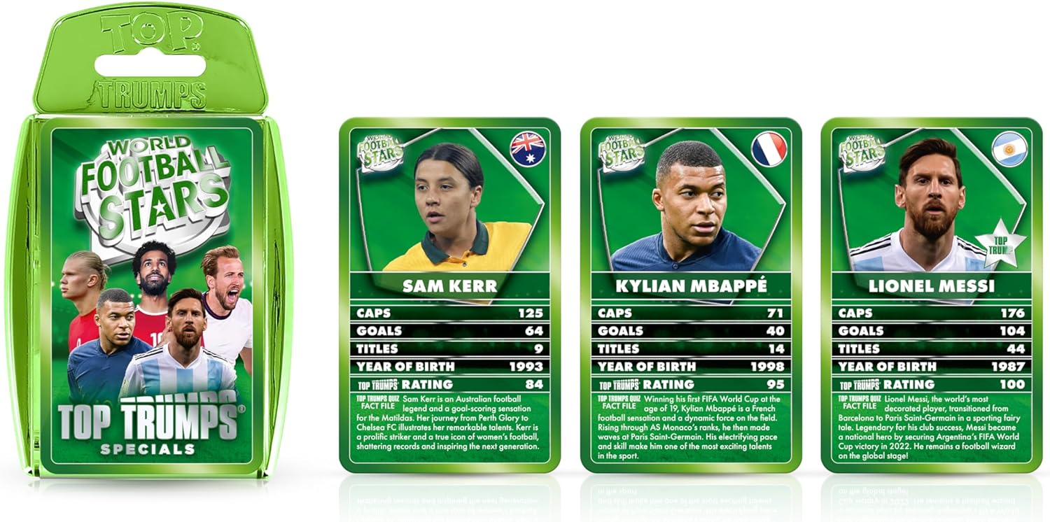 Top Trumps World Football Stars Specials Card Game Green, Play with Lionel Messi, Neymar, Cristiano Ronaldo and Harry Kane, Educational Gift and Toys for ages 6 plus