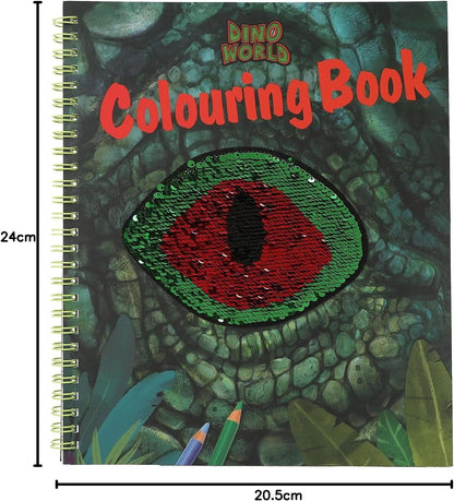 Depesche 12757 Dino World Colouring Book with Sequin Design, with 20 Pages for Designing Dinosaur Motifs, Includes a Sticker Sheet