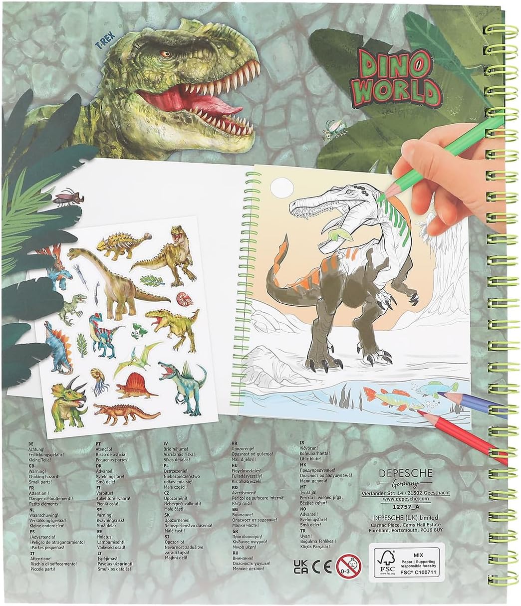Depesche 12757 Dino World Colouring Book with Sequin Design, with 20 Pages for Designing Dinosaur Motifs, Includes a Sticker Sheet