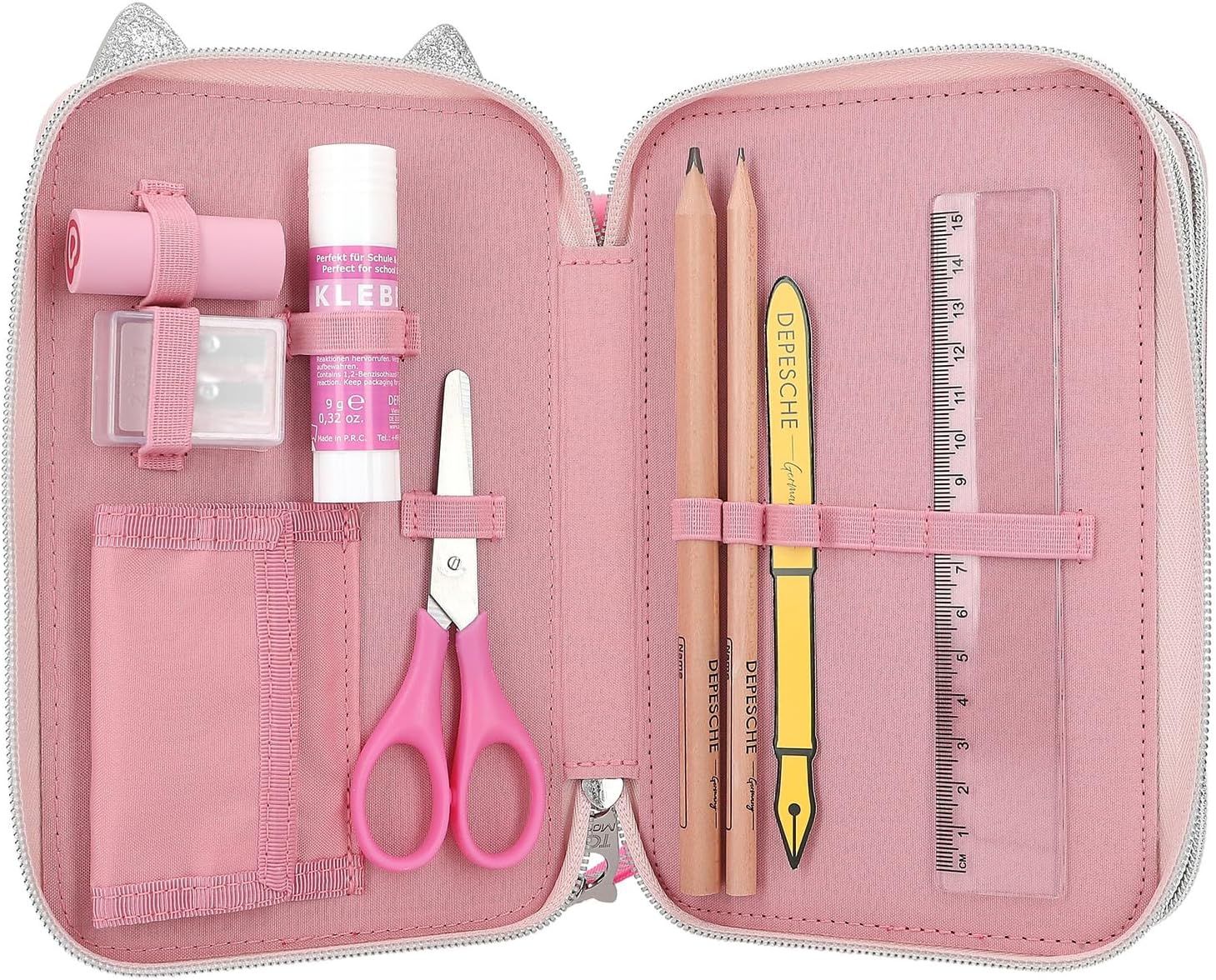 Depesche 12787 TOPModel Wild-Gefüllte 3-Fach Federtasche in Pink, mit Herz-Nase und geflecktem Muster, Federmappe mit Buntstiften, Lineal, Schere UVM