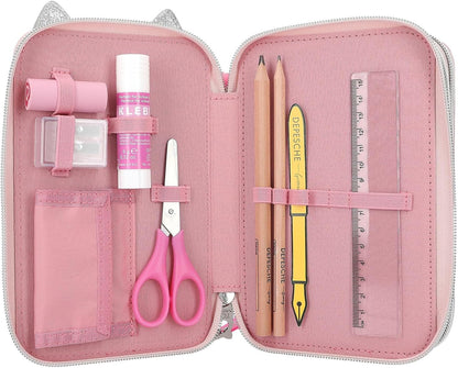 Depesche 12787 TOPModel Wild-Gefüllte 3-Fach Federtasche in Pink, mit Herz-Nase und geflecktem Muster, Federmappe mit Buntstiften, Lineal, Schere UVM