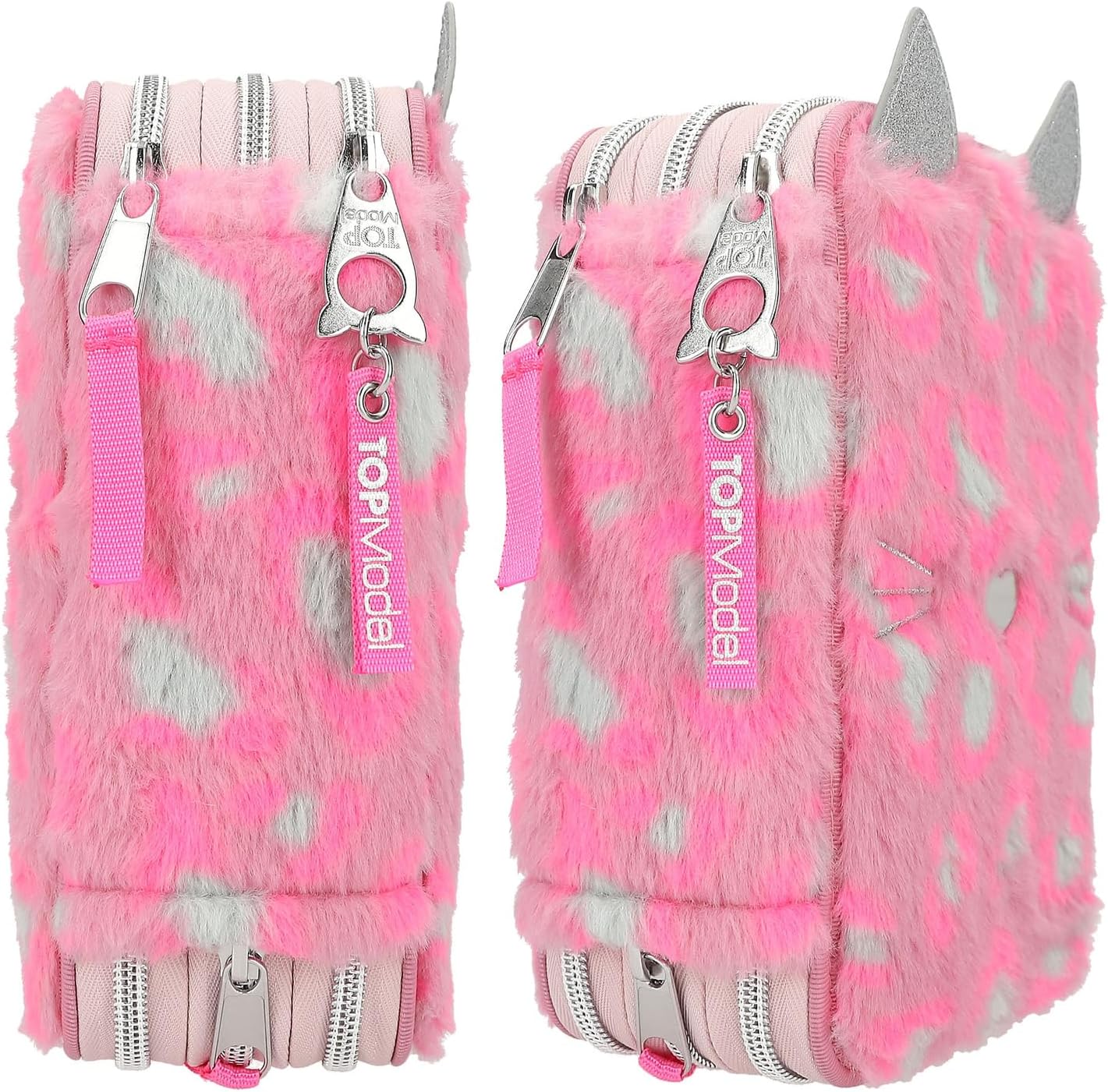 Depesche 12787 TOPModel Wild-Gefüllte 3-Fach Federtasche in Pink, mit Herz-Nase und geflecktem Muster, Federmappe mit Buntstiften, Lineal, Schere UVM