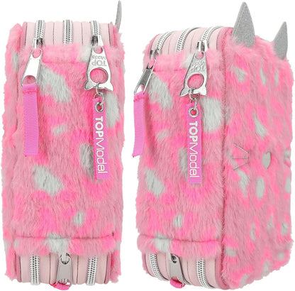Depesche 12787 TOPModel Wild-Gefüllte 3-Fach Federtasche in Pink, mit Herz-Nase und geflecktem Muster, Federmappe mit Buntstiften, Lineal, Schere UVM