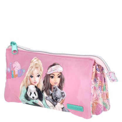 Depesche TOPModel Wild 12792 Fan Pencil Case in Pink with Model Motif and Colourful Animal Pattern, Pencil Case with 3 Zip Compartments