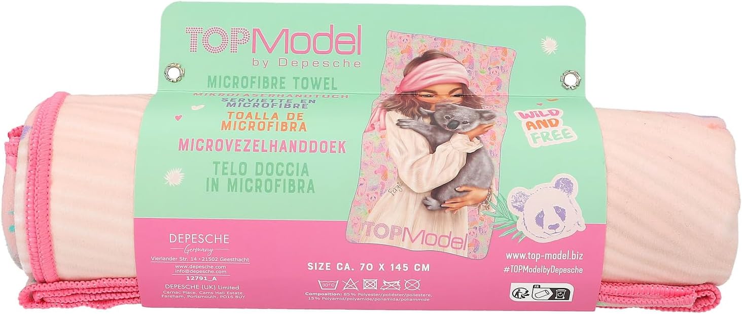 Depesche TOPModel Wild 12791 Microfibre Towel with Model Motif and Colourful Animal Pattern, with Elastic Band for Rolling Up and Fixing