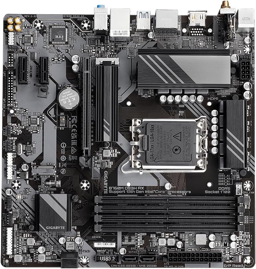 Gigabyte B760M DS3H AX Motherboard - Supports Intel Core 14th Gen CPUs, 6+2+1 Phases Digital VRM, up to 7600MHz DDR5 (OC), 2xPCIe 4.0 M.2, Wi-Fi 6E, 2.5GbE LAN, USB 3.2 Gen 2