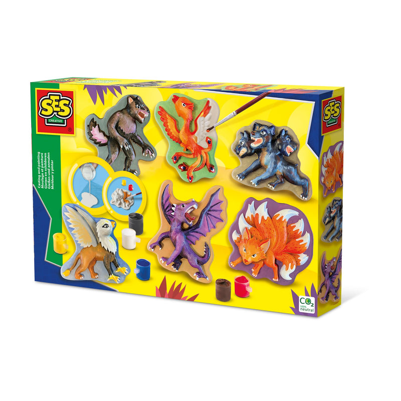 SES Creative 01404 Gips Gießen Bastelset Fabelwesen-Set, Kreativkit für Kinder, Diverse Farben