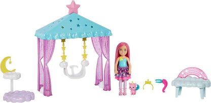 Barbie Dreamtopia Chelsea Small Doll and Accessories, Playset with Gazebo Swing, Kitten and More, HLC27
