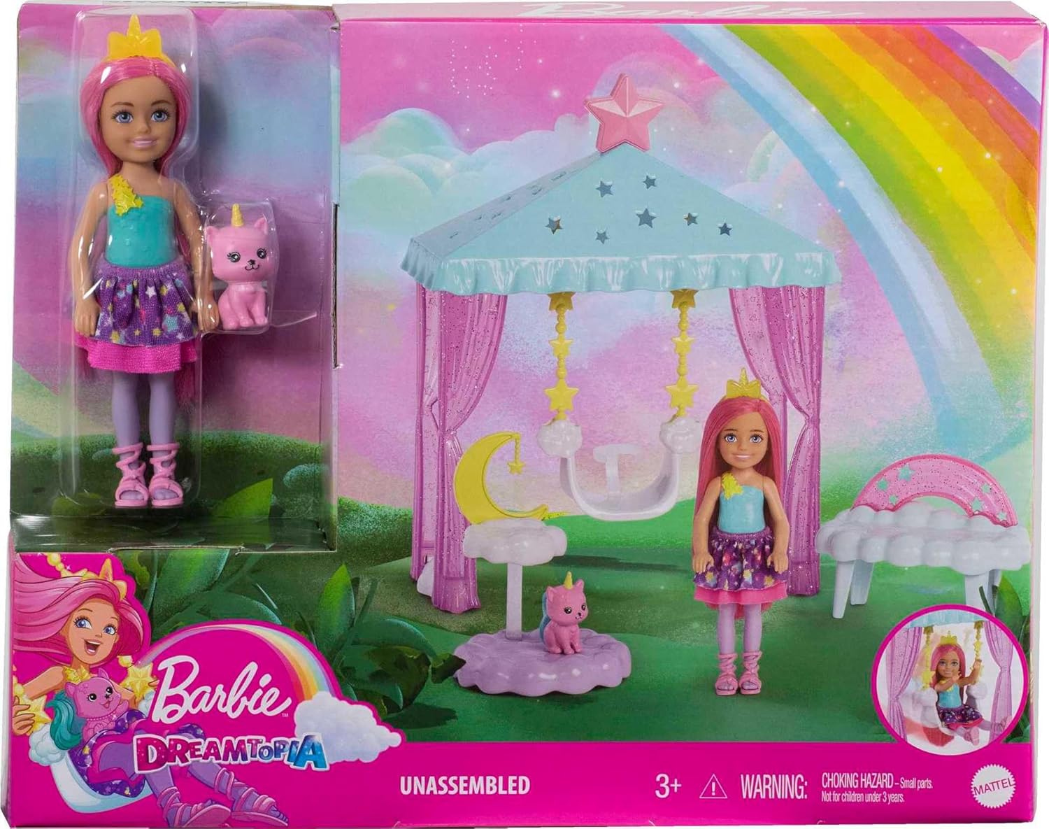 Barbie Dreamtopia Chelsea Small Doll and Accessories, Playset with Gazebo Swing, Kitten and More, HLC27