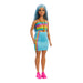 Barbie Fashionistas Muñeca n. 218, muñeca de Moda Coleccionable del 65 Aniversario con Pelo Largo Azul, Top de arcoíris y Falda Turquesa - para niños y niñas + 3 años, HRH16