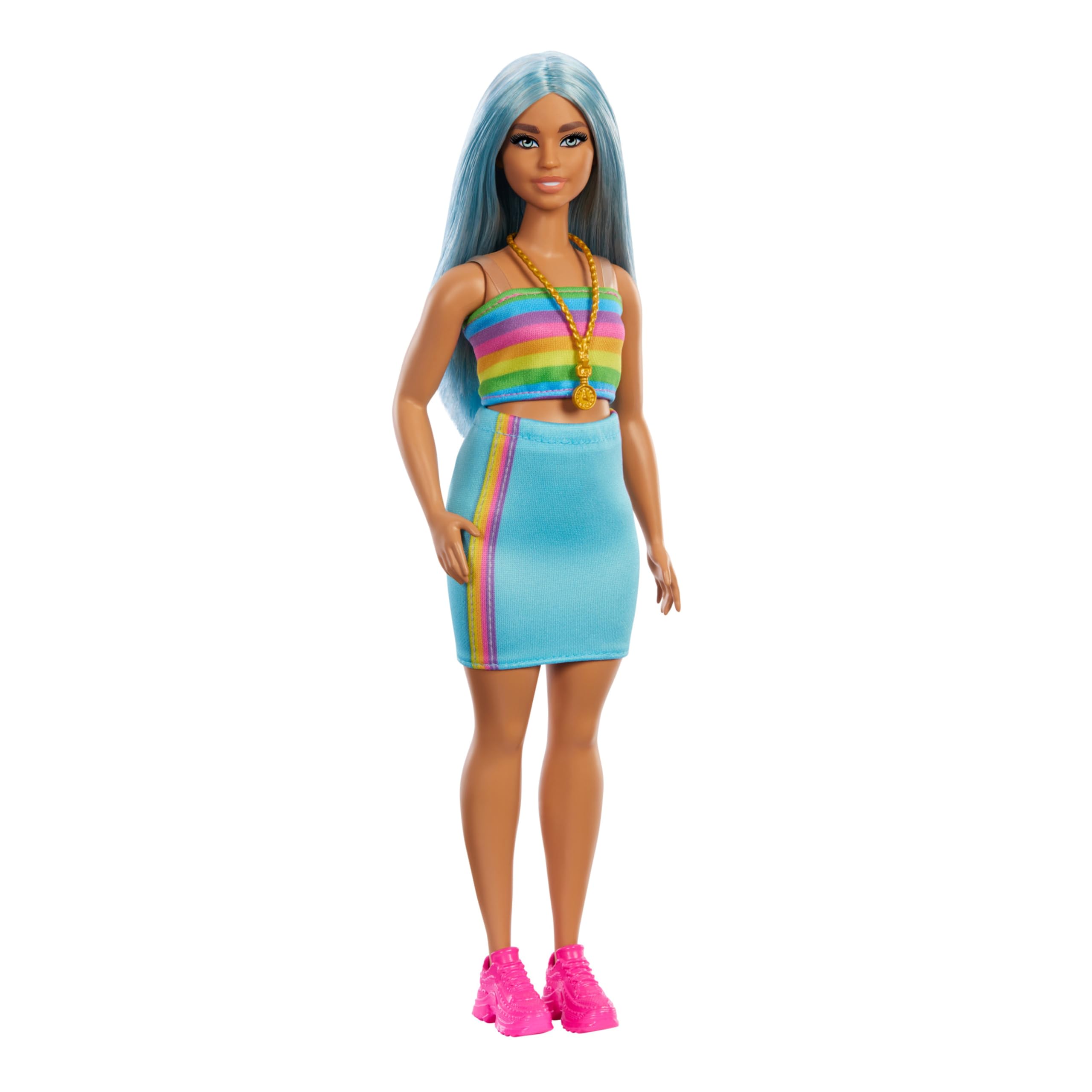 Barbie Fashionistas Muñeca n. 218, muñeca de Moda Coleccionable del 65 Aniversario con Pelo Largo Azul, Top de arcoíris y Falda Turquesa - para niños y niñas + 3 años, HRH16