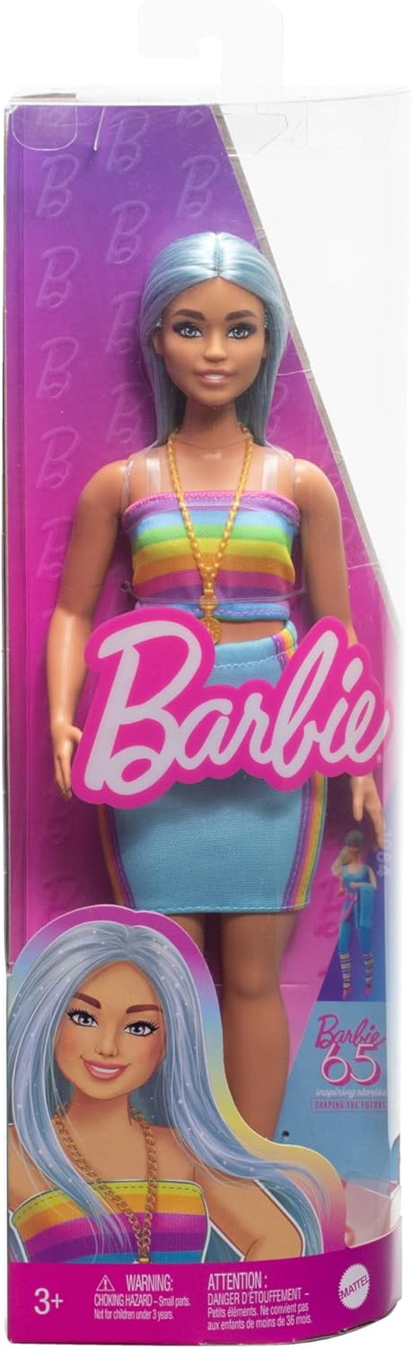 Barbie Fashionistas Muñeca n. 218, muñeca de Moda Coleccionable del 65 Aniversario con Pelo Largo Azul, Top de arcoíris y Falda Turquesa - para niños y niñas + 3 años, HRH16
