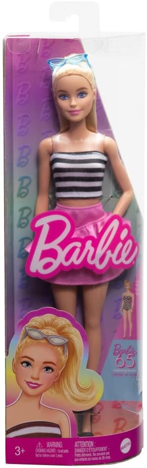 Barbie Fashionistas Doll #213, Blonde with Striped Top, Pink Skirt & Sunglasses, 65th Anniversary Collectible Fashion Doll, HRH11