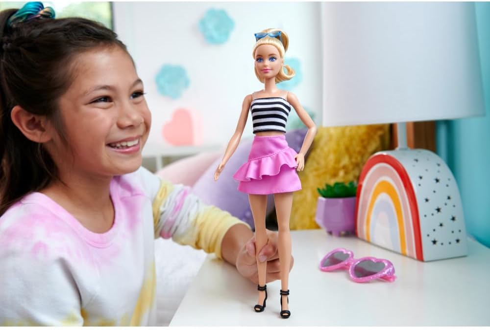 Barbie Fashionistas Doll #213, Blonde with Striped Top, Pink Skirt & Sunglasses, 65th Anniversary Collectible Fashion Doll, HRH11
