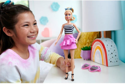 Barbie Fashionistas Doll #213, Blonde with Striped Top, Pink Skirt & Sunglasses, 65th Anniversary Collectible Fashion Doll, HRH11