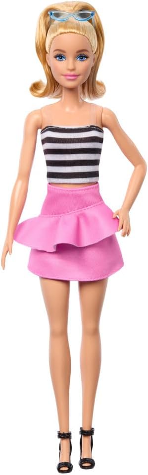 Barbie Fashionistas Doll #213, Blonde with Striped Top, Pink Skirt & Sunglasses, 65th Anniversary Collectible Fashion Doll, HRH11