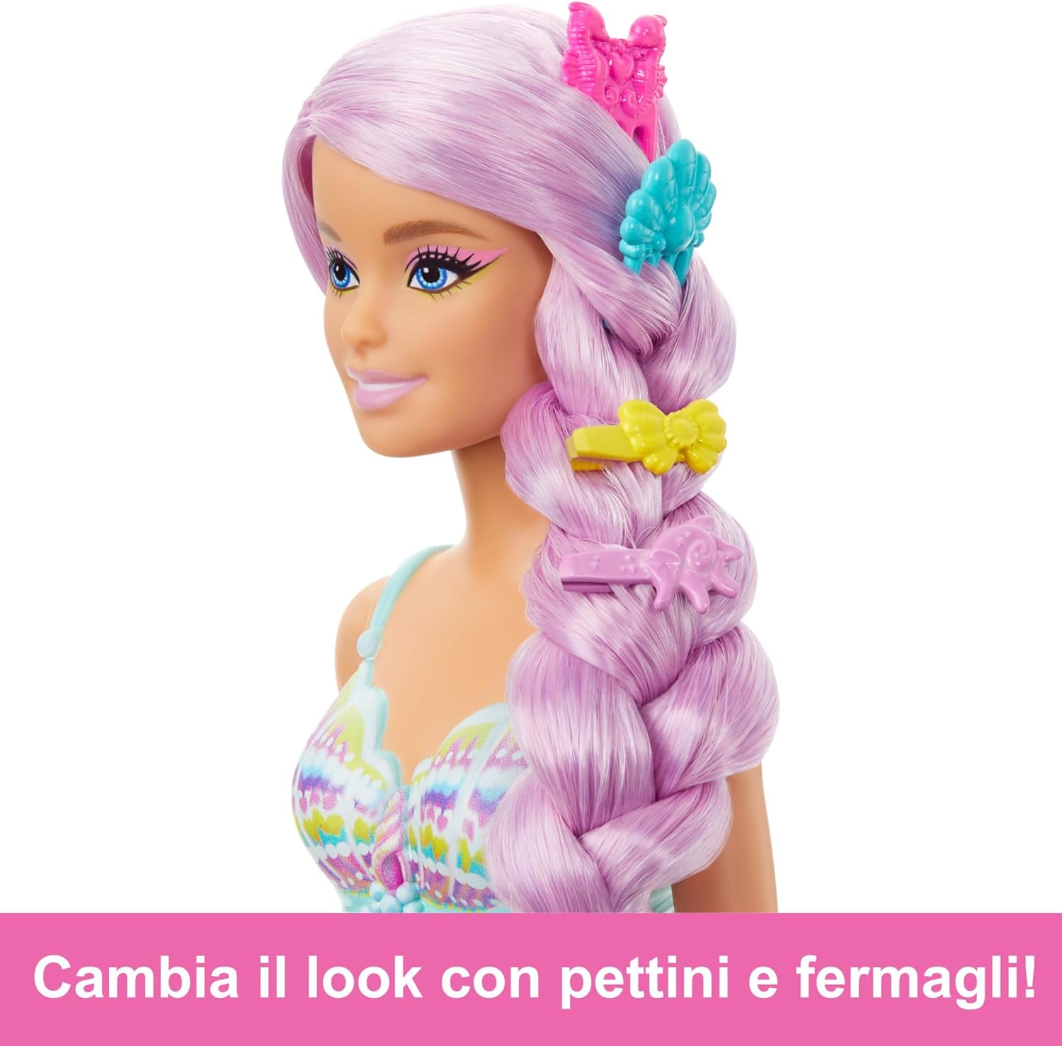 Barbie Muñeca Sirena fantasía con Pelo Largo Rosa y Accesorios para peinar, Serie Un Toque de Magia, Juguete +3 años (Mattel HRR00