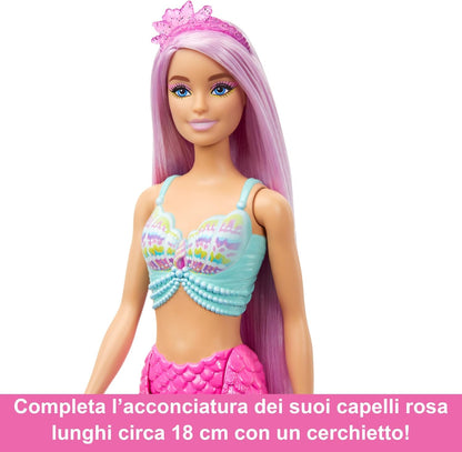 Barbie Muñeca Sirena fantasía con Pelo Largo Rosa y Accesorios para peinar, Serie Un Toque de Magia, Juguete +3 años (Mattel HRR00