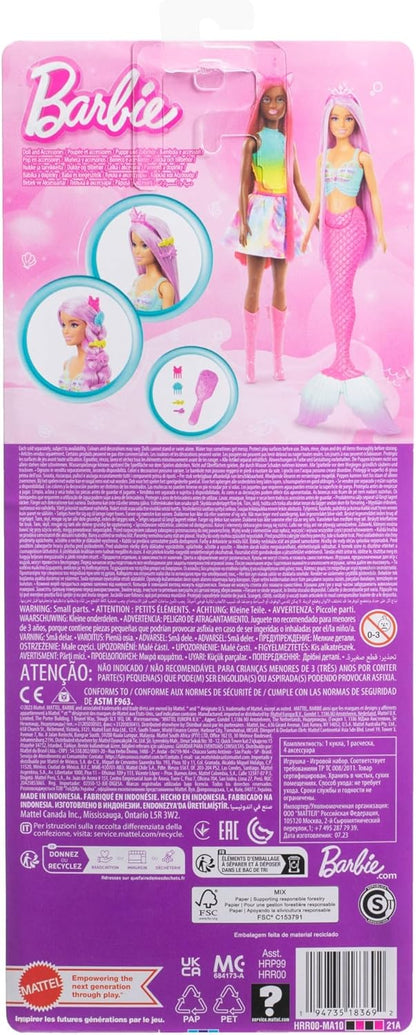 Barbie Muñeca Sirena fantasía con Pelo Largo Rosa y Accesorios para peinar, Serie Un Toque de Magia, Juguete +3 años (Mattel HRR00