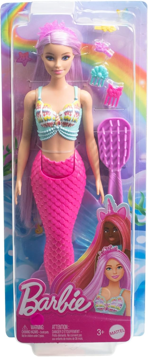 Barbie Muñeca Sirena fantasía con Pelo Largo Rosa y Accesorios para peinar, Serie Un Toque de Magia, Juguete +3 años (Mattel HRR00
