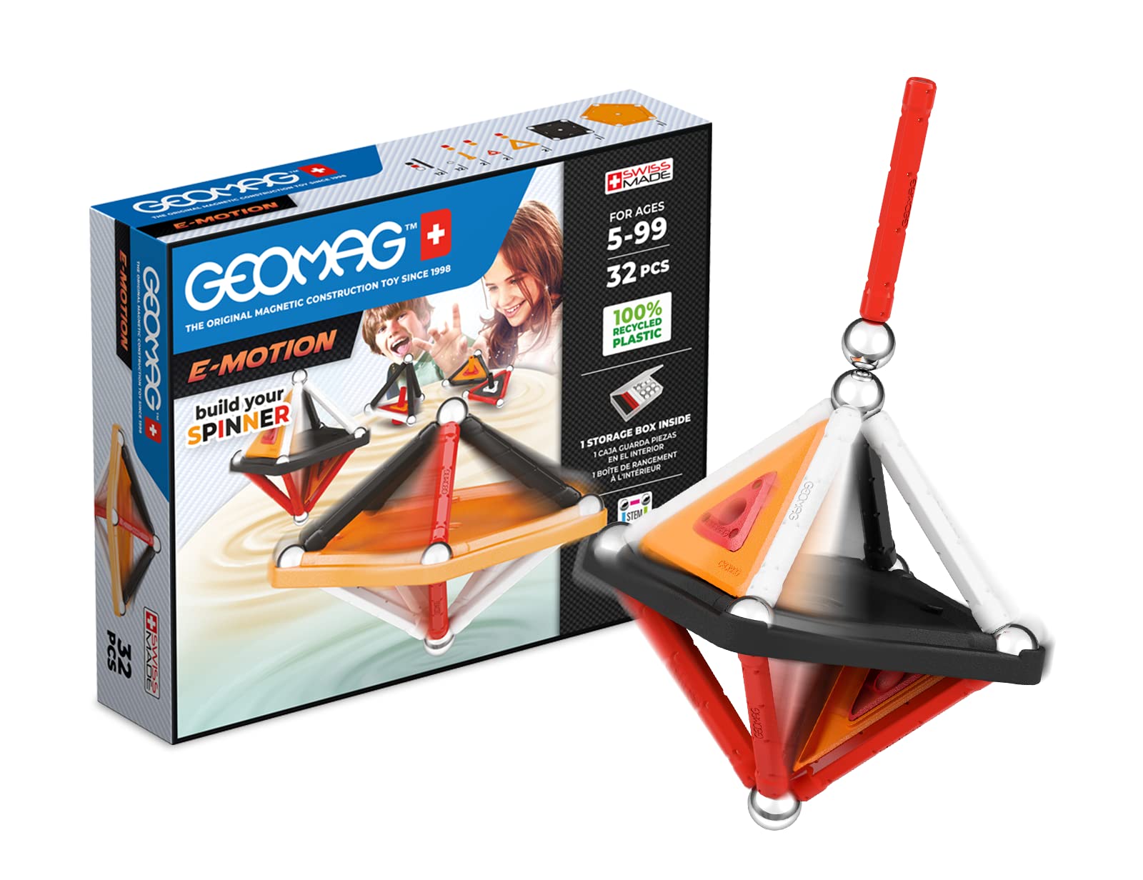 GEOMAG, E-Motion Panels, Magnetic Constructions, Make a Spinning Top, 32-Piece Pack, 100% Recycled Plastic, White