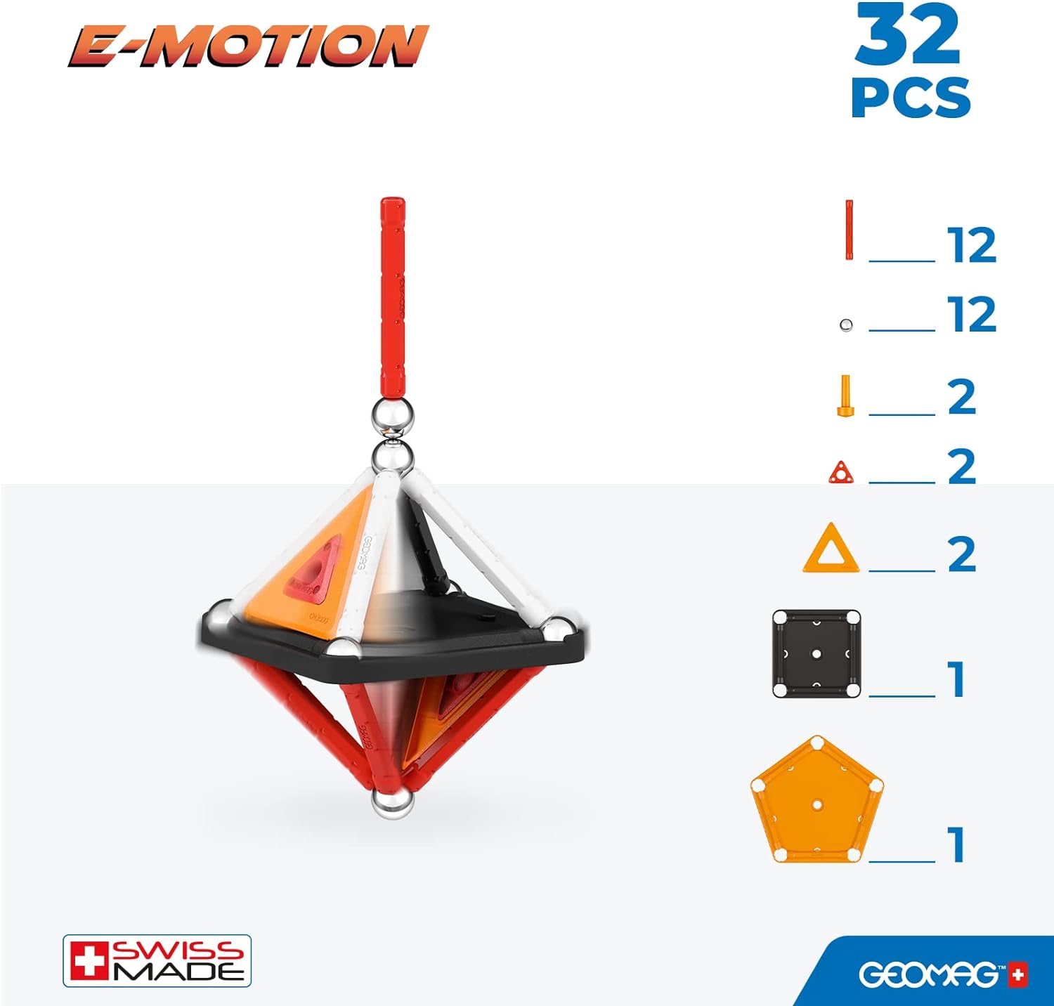 GEOMAG, E-Motion Panels, Magnetic Constructions, Make a Spinning Top, 32-Piece Pack, 100% Recycled Plastic, White