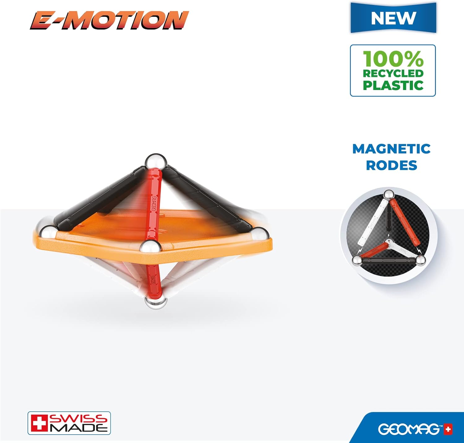 GEOMAG, E-Motion Panels, Magnetic Constructions, Make a Spinning Top, 32-Piece Pack, 100% Recycled Plastic, White