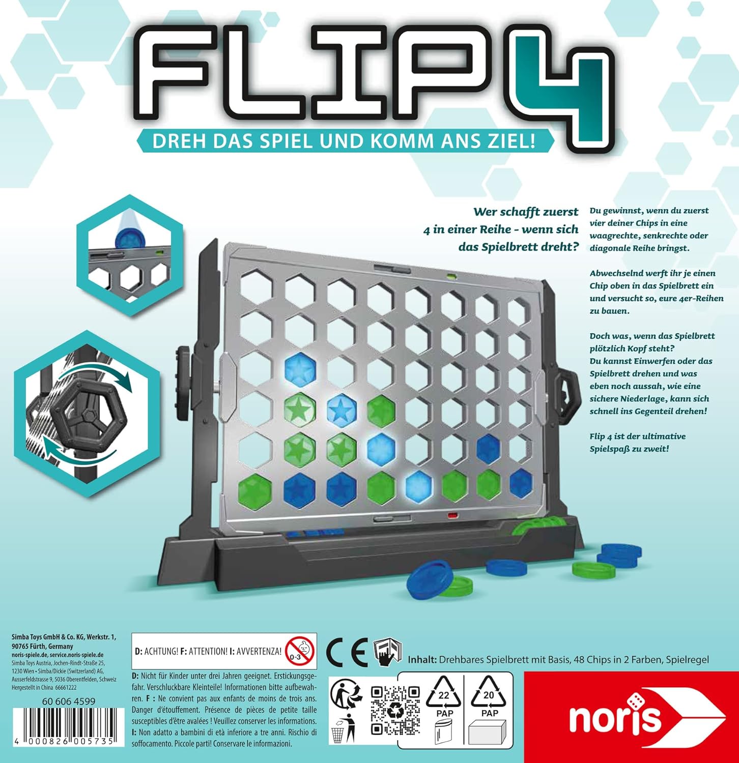 Noris Flip4 606064599 Classic Game Row of 4 for Spinning for Children from 6 Years, Strategy Game for 2 Players
