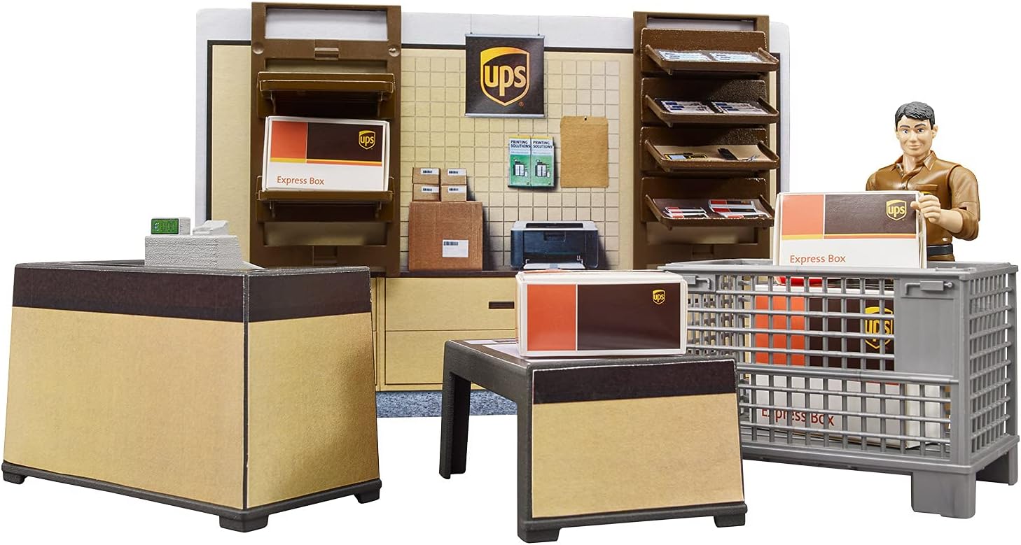bruder 62250 - Bworld UPS Paketshop mit Tresen, Kasse, Paketwaage, Gitterbox, Pakete, Mitarbeiter & Wandregal - 1:16 Versand Logistik Spielzeug Paketdienst