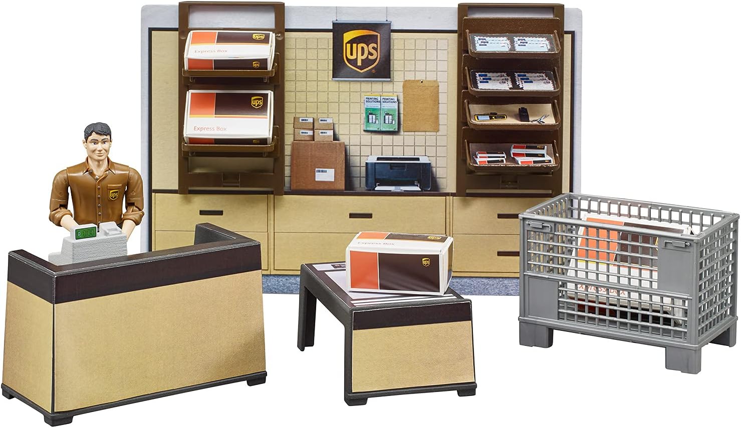 bruder 62250 - Bworld UPS Paketshop mit Tresen, Kasse, Paketwaage, Gitterbox, Pakete, Mitarbeiter & Wandregal - 1:16 Versand Logistik Spielzeug Paketdienst