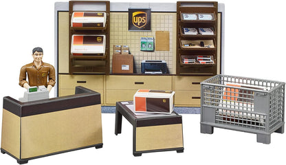 bruder 62250 - Bworld UPS Paketshop mit Tresen, Kasse, Paketwaage, Gitterbox, Pakete, Mitarbeiter & Wandregal - 1:16 Versand Logistik Spielzeug Paketdienst