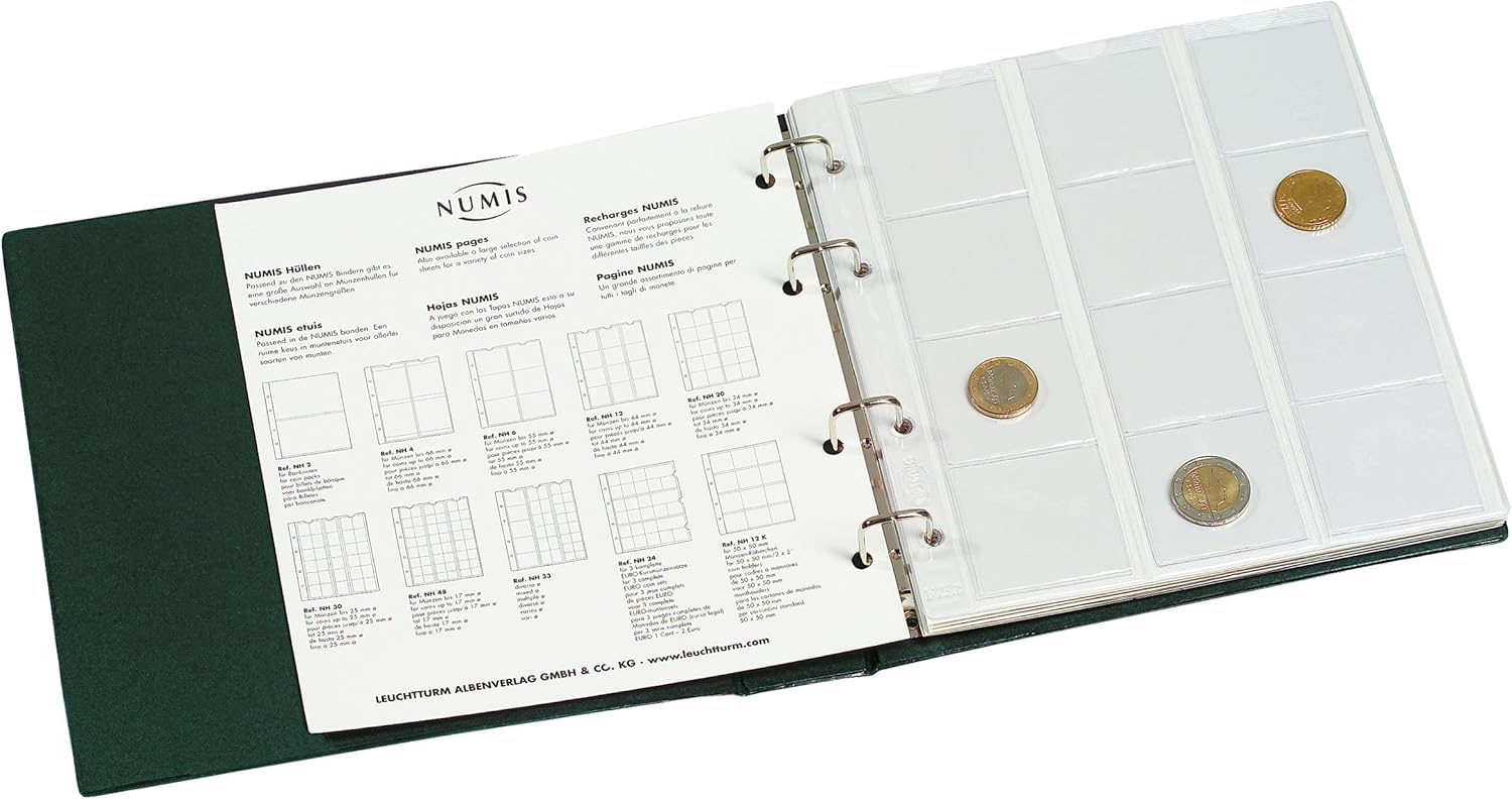 Leuchtturm 300115 Münzalbum NUMIS - 5 Hüllen für verschieden große Münzen mit 44, 34, 25, 17 mm Durchmesser - grün Rot, Ohne Schutzkassette