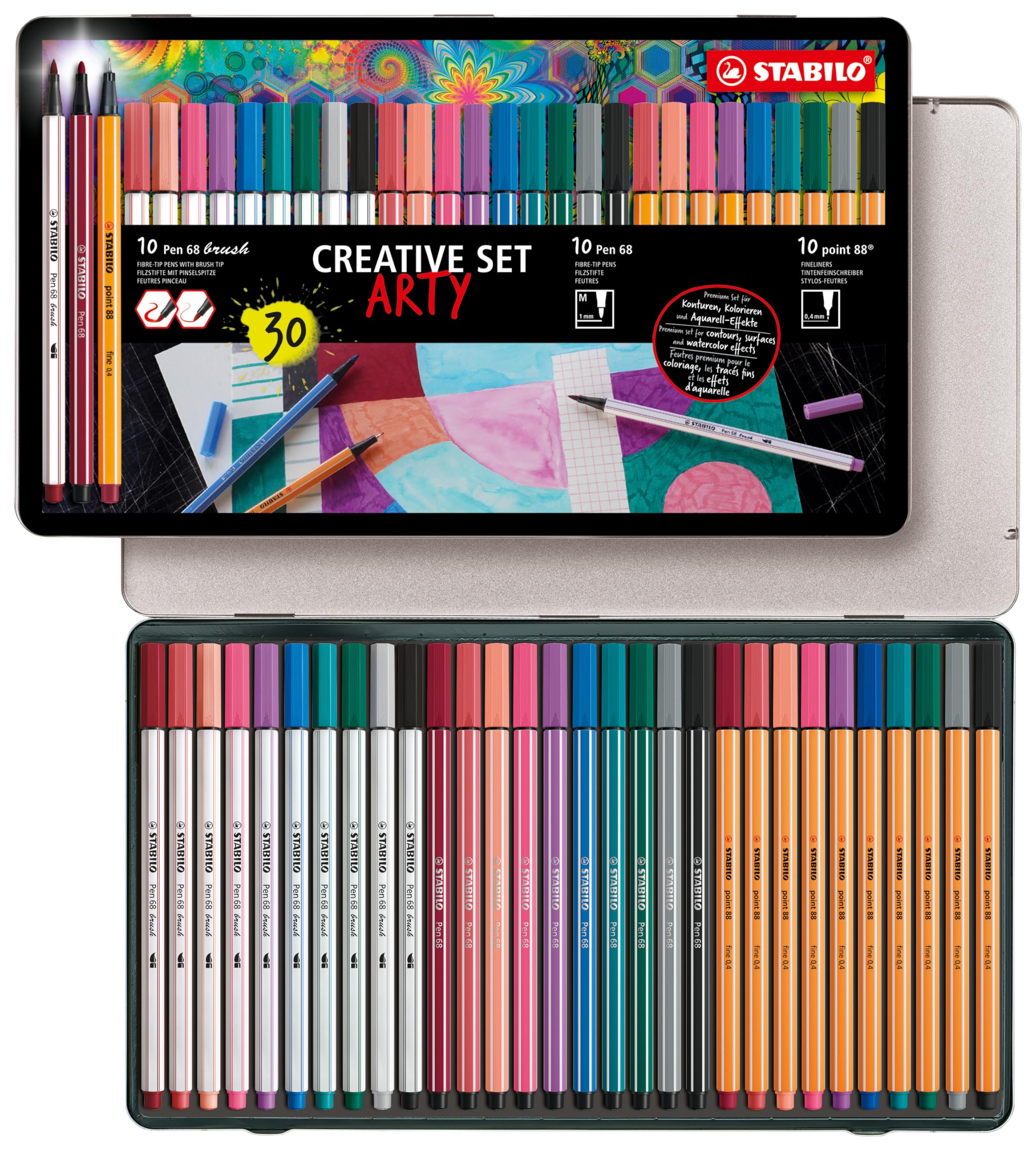 STABILO - Pen 68, Pen 68 Brush & point 88 - Creative Set - Metalen etui met 30 Stuks