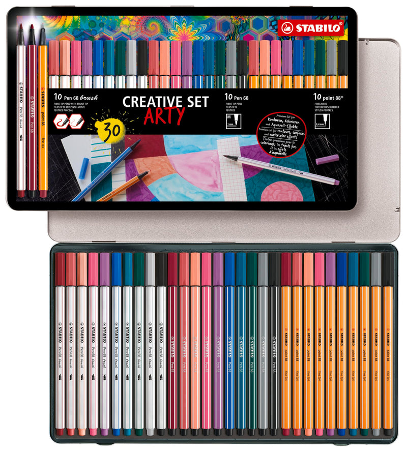STABILO - Pen 68, Pen 68 Brush & point 88 - Creative Set - Metalen etui met 30 Stuks