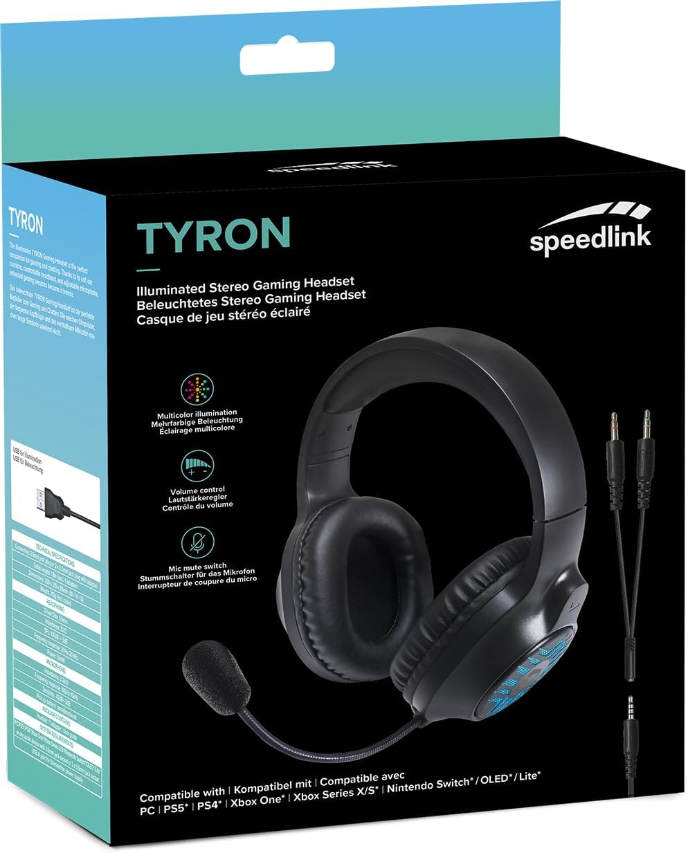 Speedlink Tyron - RGB Gaming Headset mit Mikrofon für PC PS4/PS5/ Xbox Series X/S/Switch, RGB Beleuchtung, mit Kabel 3,5mm Klinke, Y-Adapter, schwarz