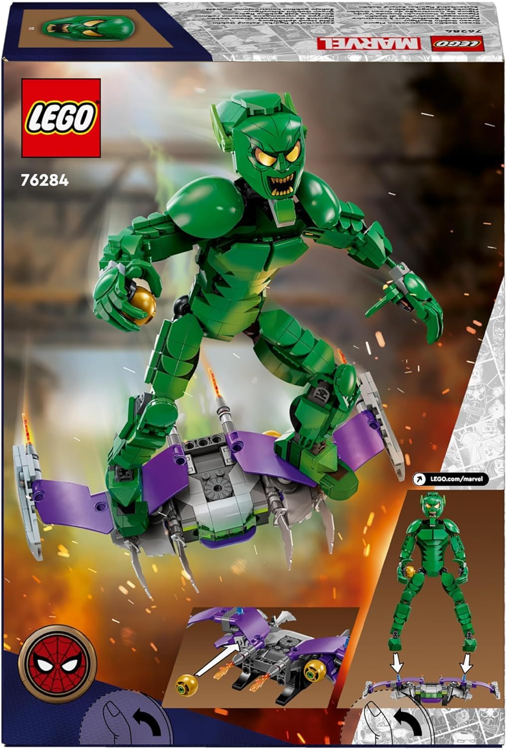 LEGO Marvel Green Goblin Construction Figure, Posable Super Villain Building Toy for 8 Plus Year Old Kids, Boys & Girls, with Glider and Pumpkin Bombs, Super-Hero Gift Idea 76284