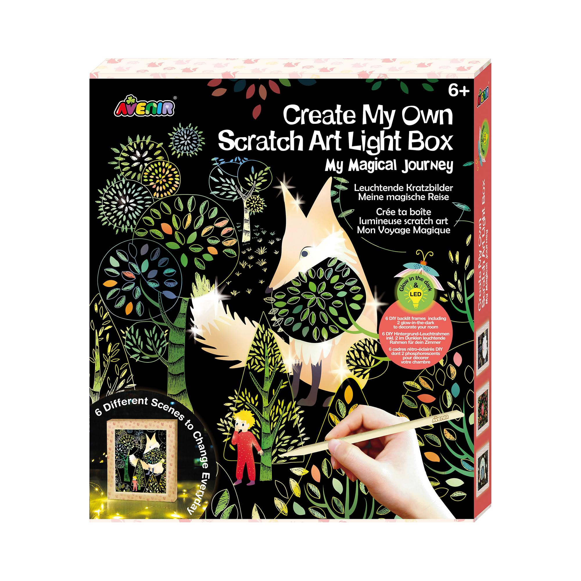 Avenir 6301808 Basteset Leuchtende Kratzbilder, Magische Reise, DIY Leuchtkasten mit Kratzbildvorlagen, Kreativset für Kinder ab 6 Jahren, Kratzkunst, Dekoration