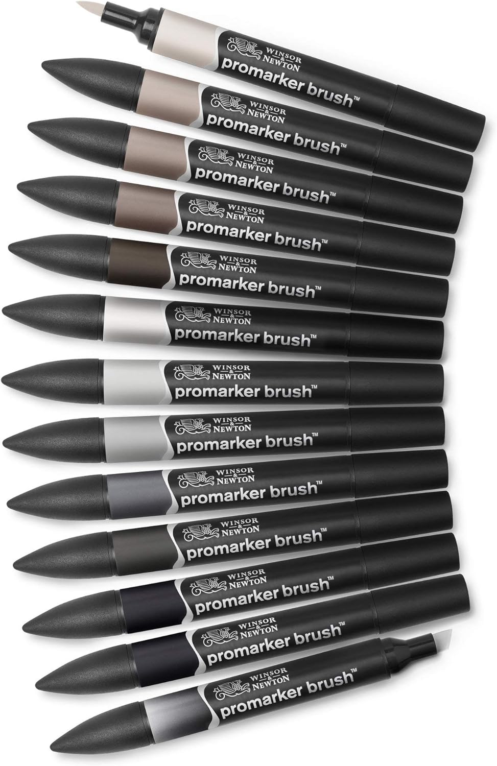Winsor & Newton 0290144 Promarker Brush voor tekeningen, kalligrafie, ontwerp en lay-outs, streeploos tekenen met beitel- en penseelpunt - Set 12 Brushmarker, Neutral Tones 12 - Neutral tones Set Promarer Brush - Set