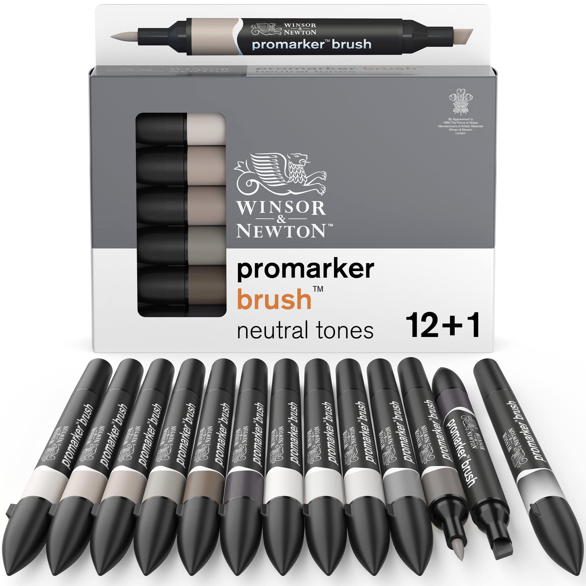 Winsor & Newton 0290144 Promarker Brush voor tekeningen, kalligrafie, ontwerp en lay-outs, streeploos tekenen met beitel- en penseelpunt - Set 12 Brushmarker, Neutral Tones 12 - Neutral tones Set Promarer Brush - Set