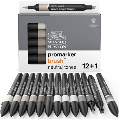 Winsor & Newton 0290144 Promarker Brush voor tekeningen, kalligrafie, ontwerp en lay-outs, streeploos tekenen met beitel- en penseelpunt - Set 12 Brushmarker, Neutral Tones 12 - Neutral tones Set Promarer Brush - Set