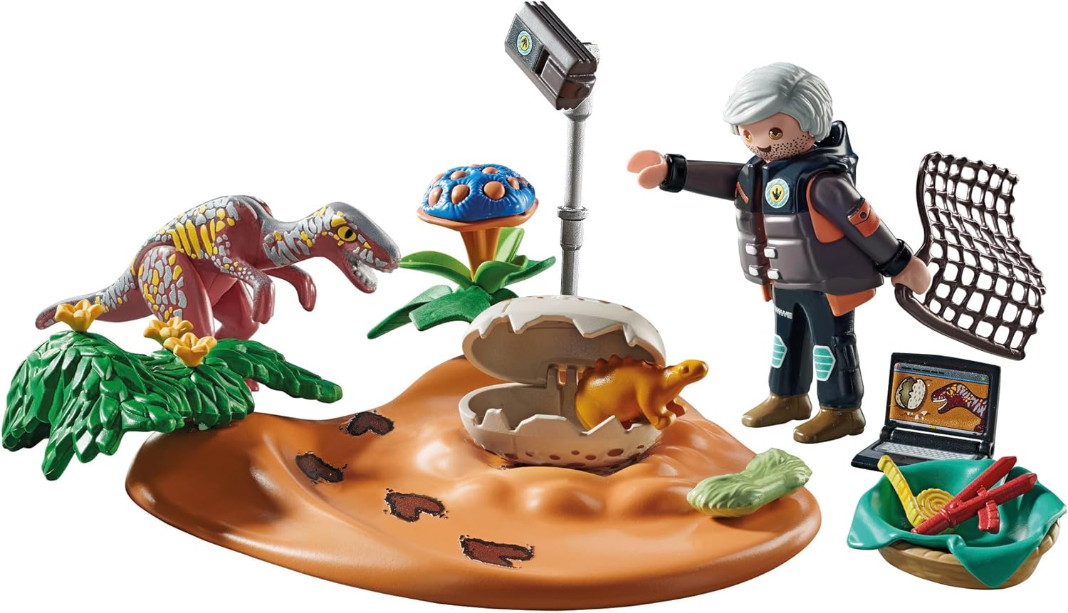Playmobil 71526 Dinos: Stegosaurus Nest with Egg Thief, protecting dinosaur eggs from the Velociraptor, including net, measuring tape and camera, sustainable play sets suitable for children ages 4+