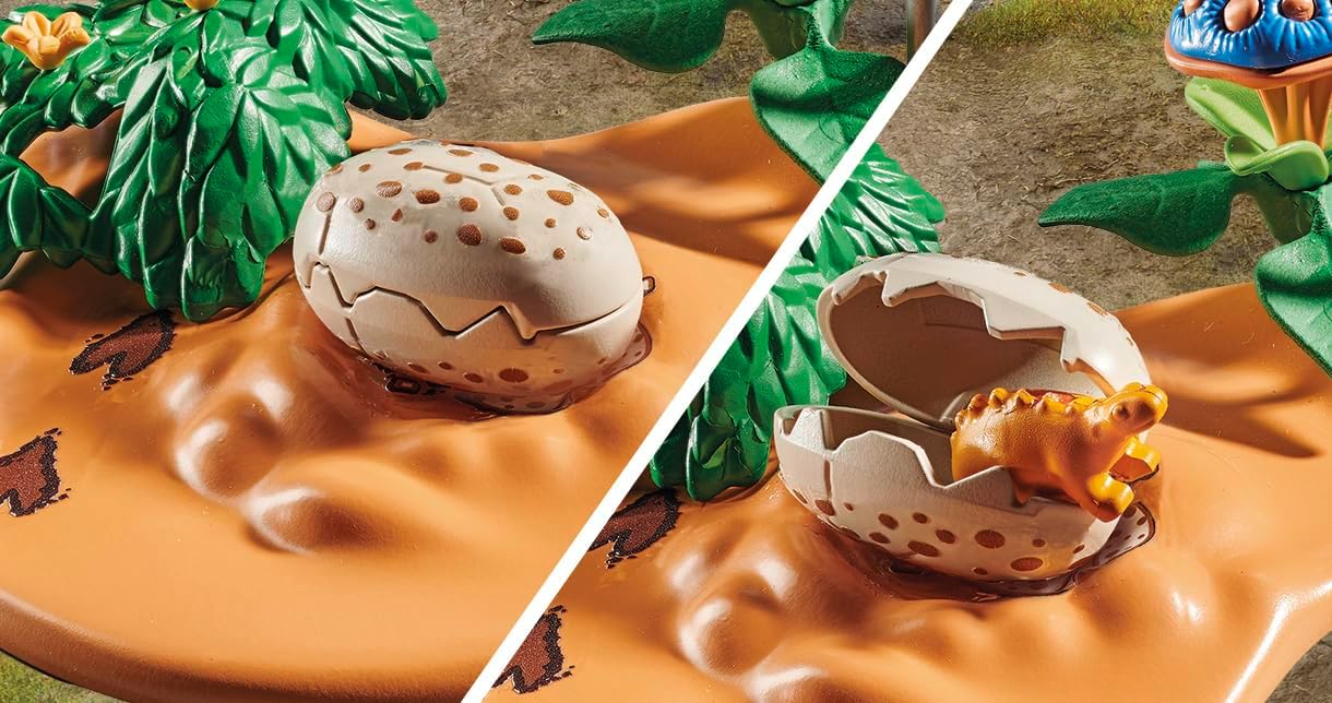 Playmobil 71526 Dinos: Stegosaurus Nest with Egg Thief, protecting dinosaur eggs from the Velociraptor, including net, measuring tape and camera, sustainable play sets suitable for children ages 4+
