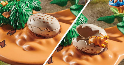 Playmobil 71526 Dinos: Stegosaurus Nest with Egg Thief, protecting dinosaur eggs from the Velociraptor, including net, measuring tape and camera, sustainable play sets suitable for children ages 4+