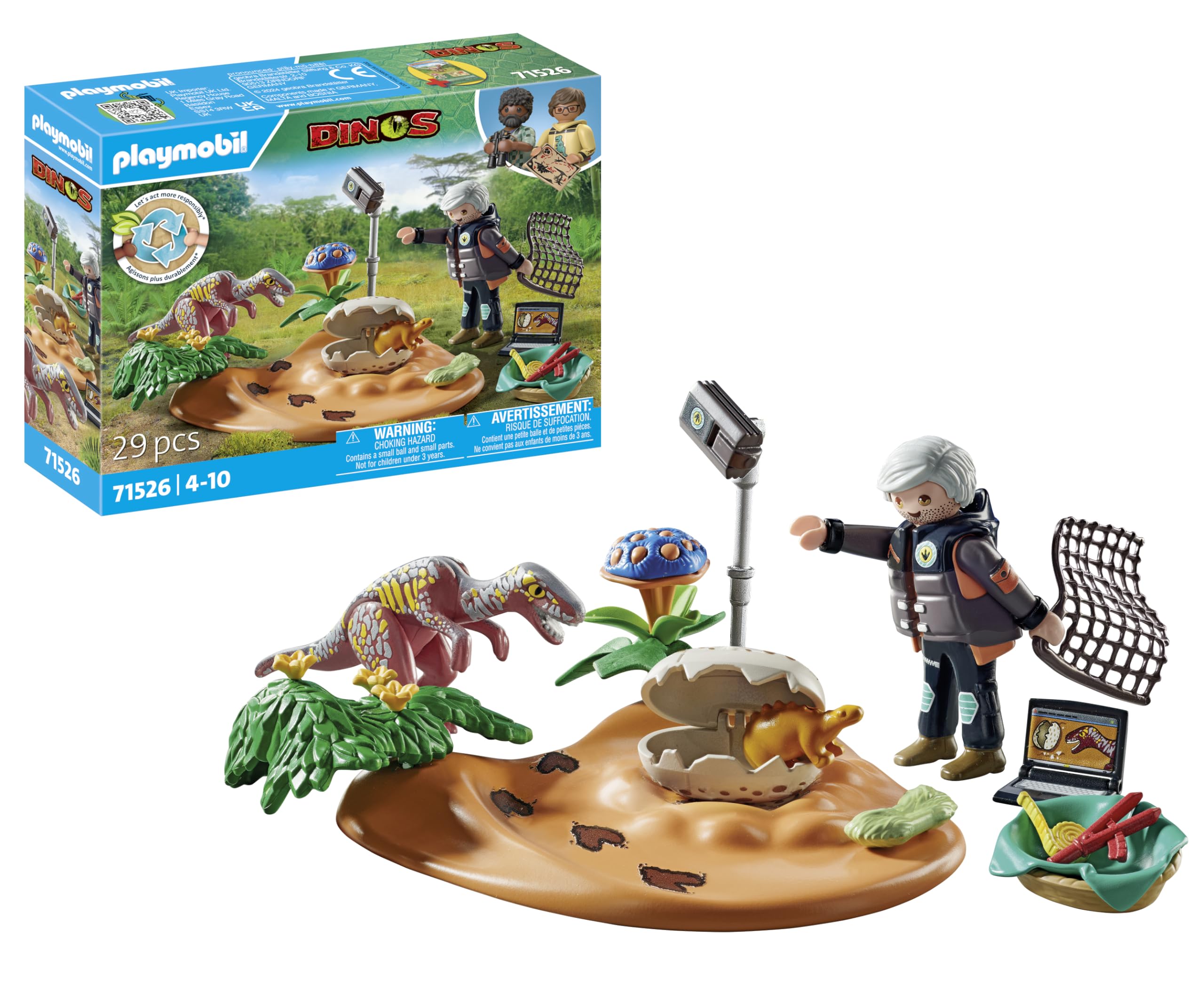 Playmobil 71526 Dinos: Stegosaurus Nest with Egg Thief, protecting dinosaur eggs from the Velociraptor, including net, measuring tape and camera, sustainable play sets suitable for children ages 4+