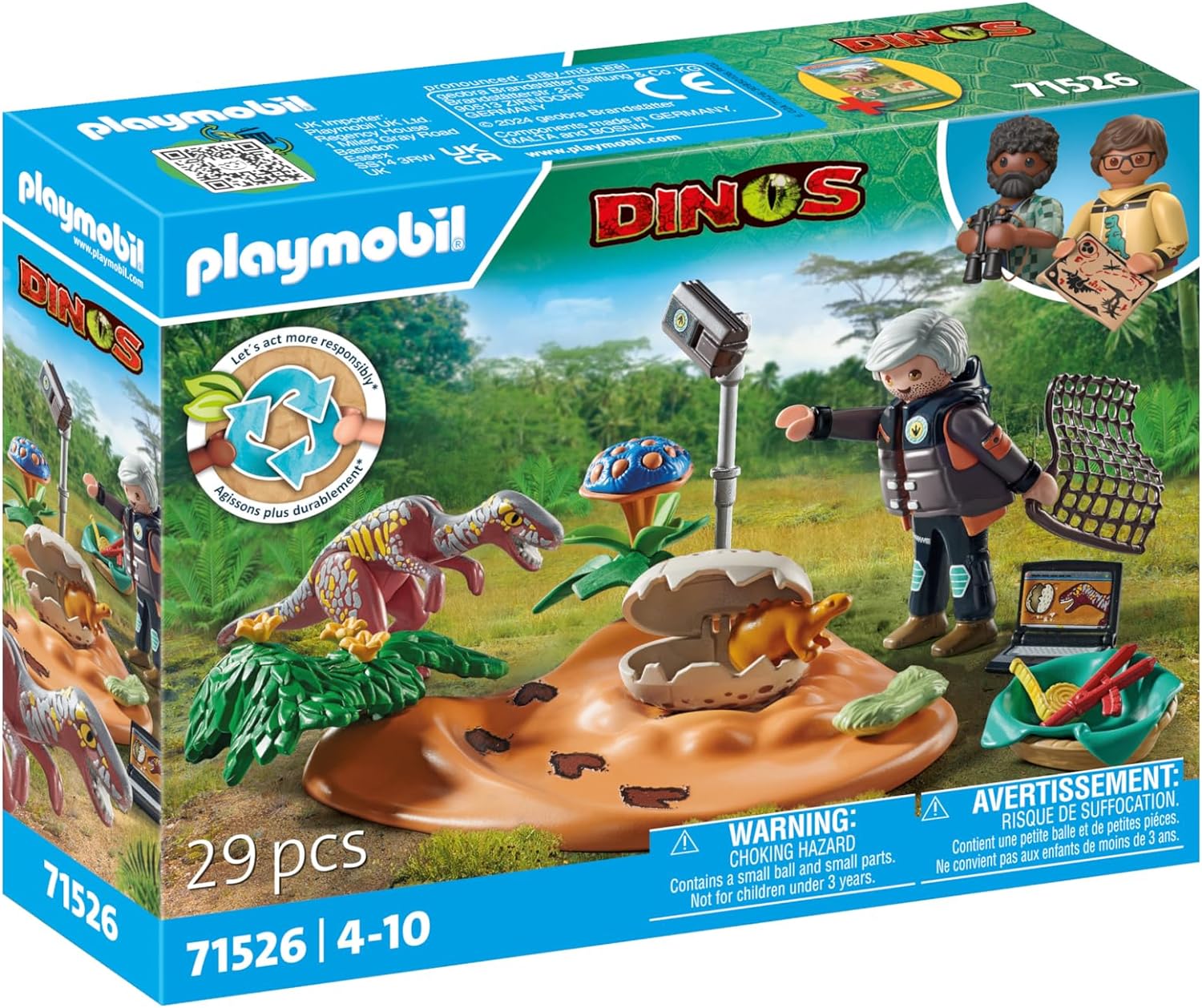 Playmobil 71526 Dinos: Stegosaurus Nest with Egg Thief, protecting dinosaur eggs from the Velociraptor, including net, measuring tape and camera, sustainable play sets suitable for children ages 4+