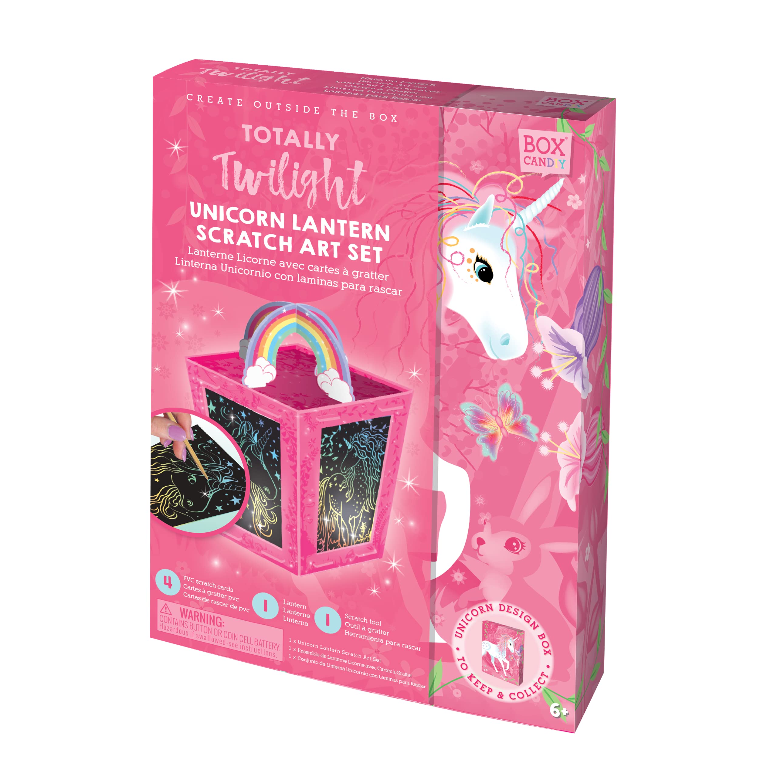 Box Candiy: Totally Twilight – Laterne zum Kratzen/Einhorn, mit 4 Kratzkarten, PVC, 1 Laterne und 1 Kratzwerkzeug, 1 Batterie CR2032 3 V inklusive, in Geschenkbox 23 x 4 x 17 cm, 6 +