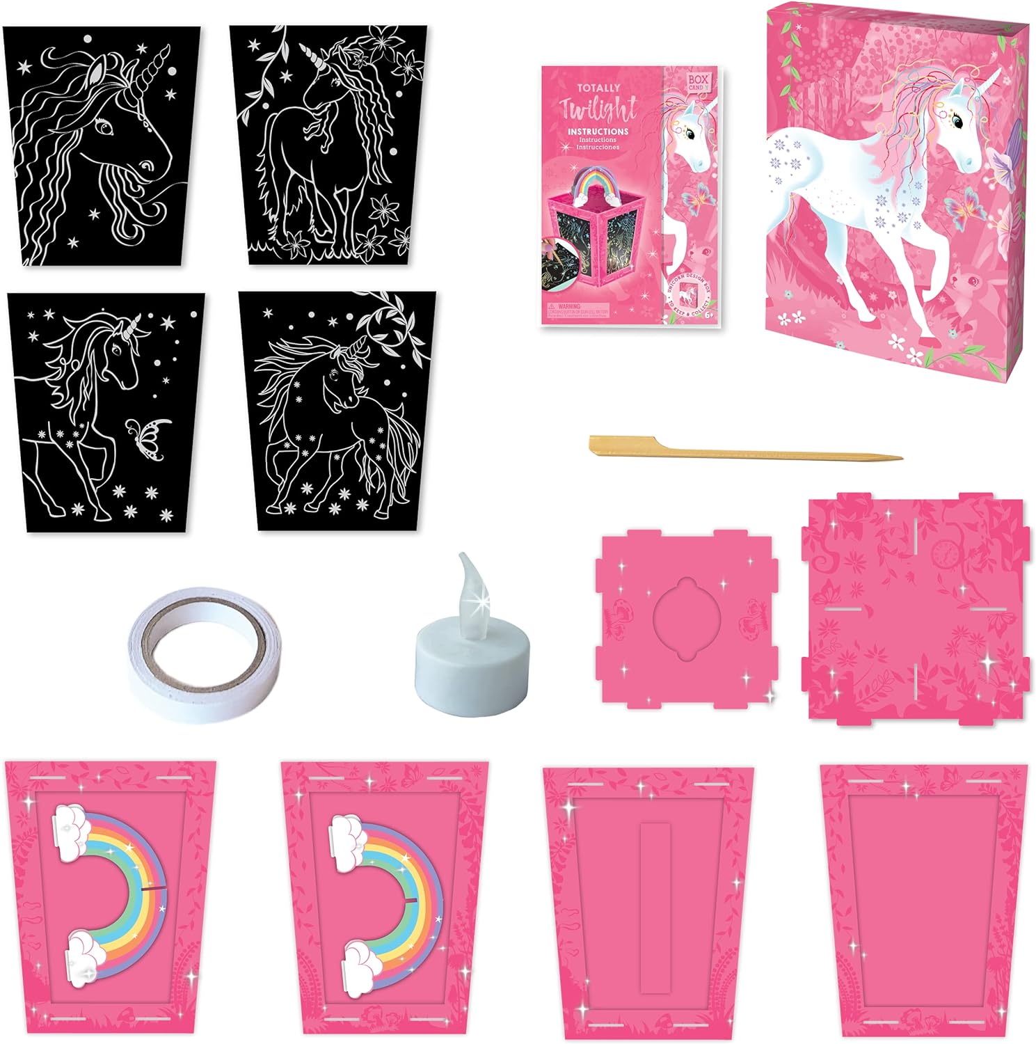 Box Candiy: Totally Twilight – Laterne zum Kratzen/Einhorn, mit 4 Kratzkarten, PVC, 1 Laterne und 1 Kratzwerkzeug, 1 Batterie CR2032 3 V inklusive, in Geschenkbox 23 x 4 x 17 cm, 6 +